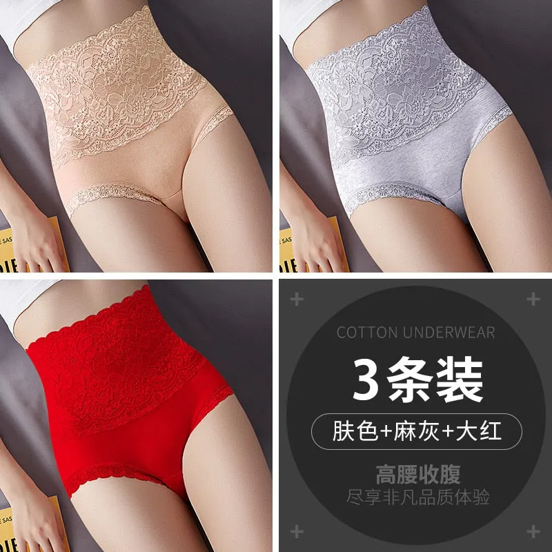 Women Lace Panties High Fit Cotton Panties High Waist Underwear Body Shaping Sexy Lingerie Slimming Tummy Control Pants 3Pcs