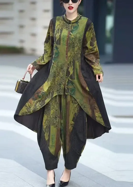 Vintage Green Button Patchwork Tops And Crop Pants Silk Two Pieces Set Fall