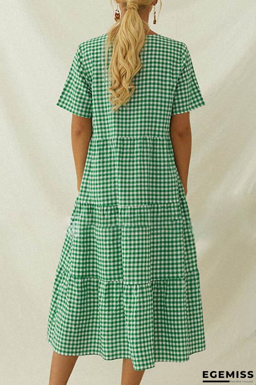 Paneled Plaid Print Buttons Down V-neck Casual Midi Dress | EGEMISS