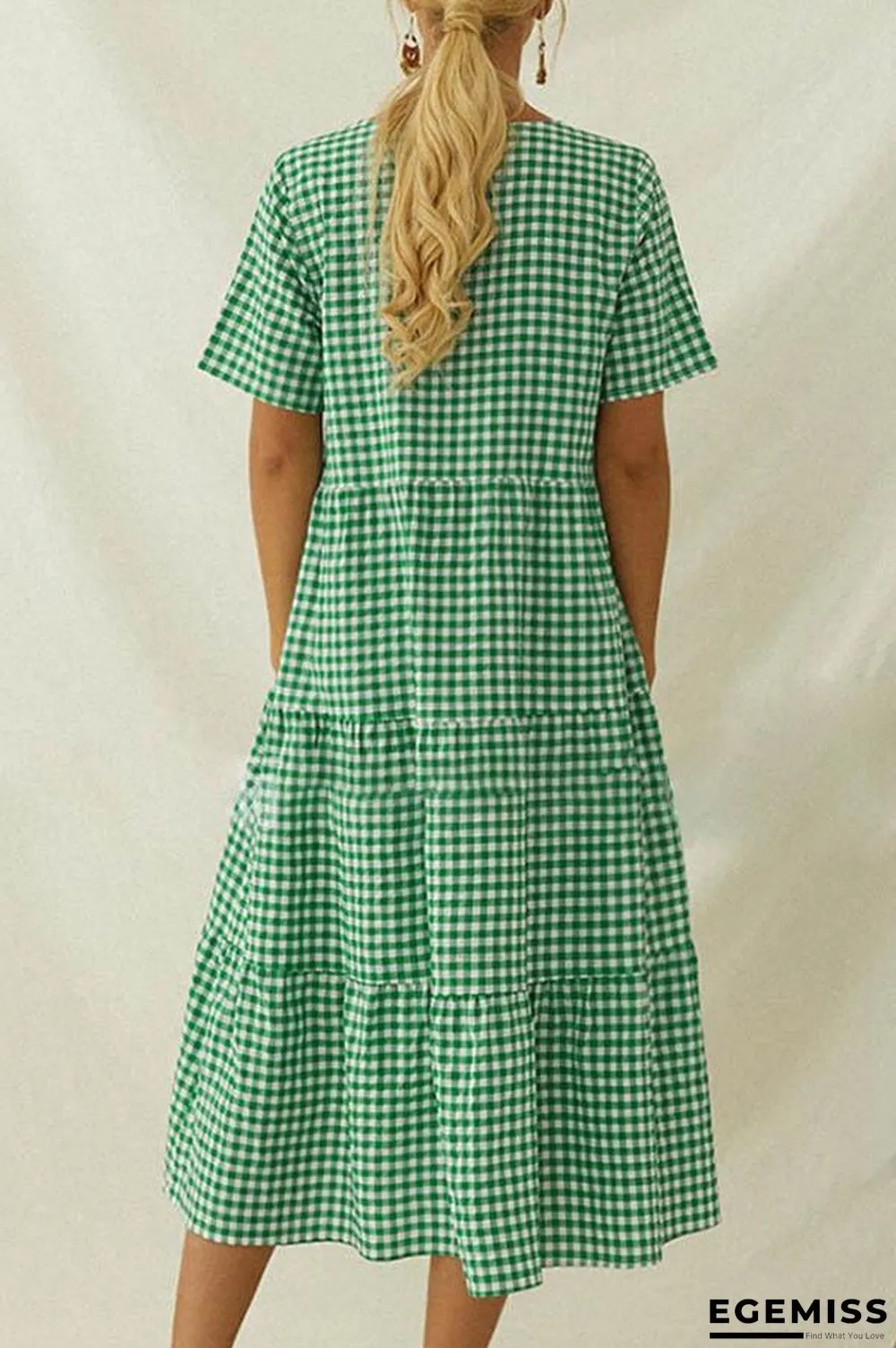 Paneled Plaid Print Buttons Down V-neck Casual Midi Dress | EGEMISS