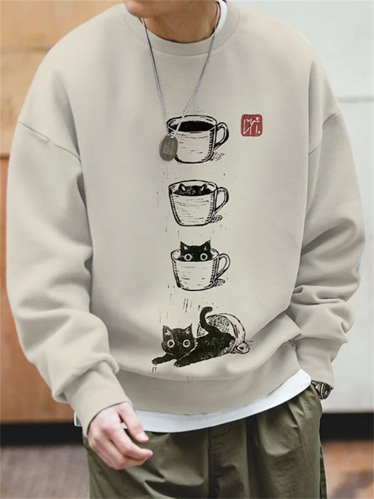 Men's Cat Coffee Cup Japanese Art Painting Print Cozy Sweatshirt  artssus