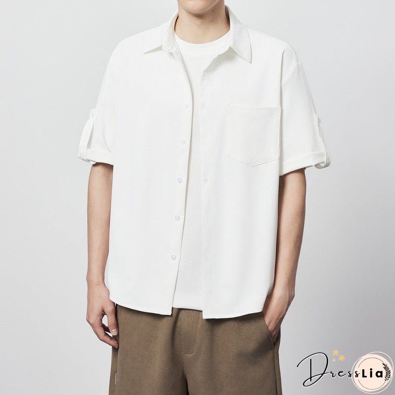 Minimalist Basic Solid Color Short Sleeve Shirt Loose Twill