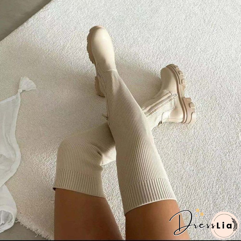 Plus Size Fly Knee Round Toe High Leg Woven Boots