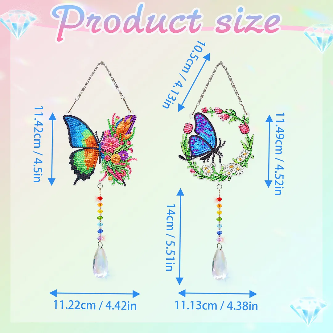 2Pcs Wreath Butterfly DIY Double-Sided Diamond Painting Hanging Kits Diamond Painting Suncatcher Craft Kit for Home Garden Wall Decor Gift