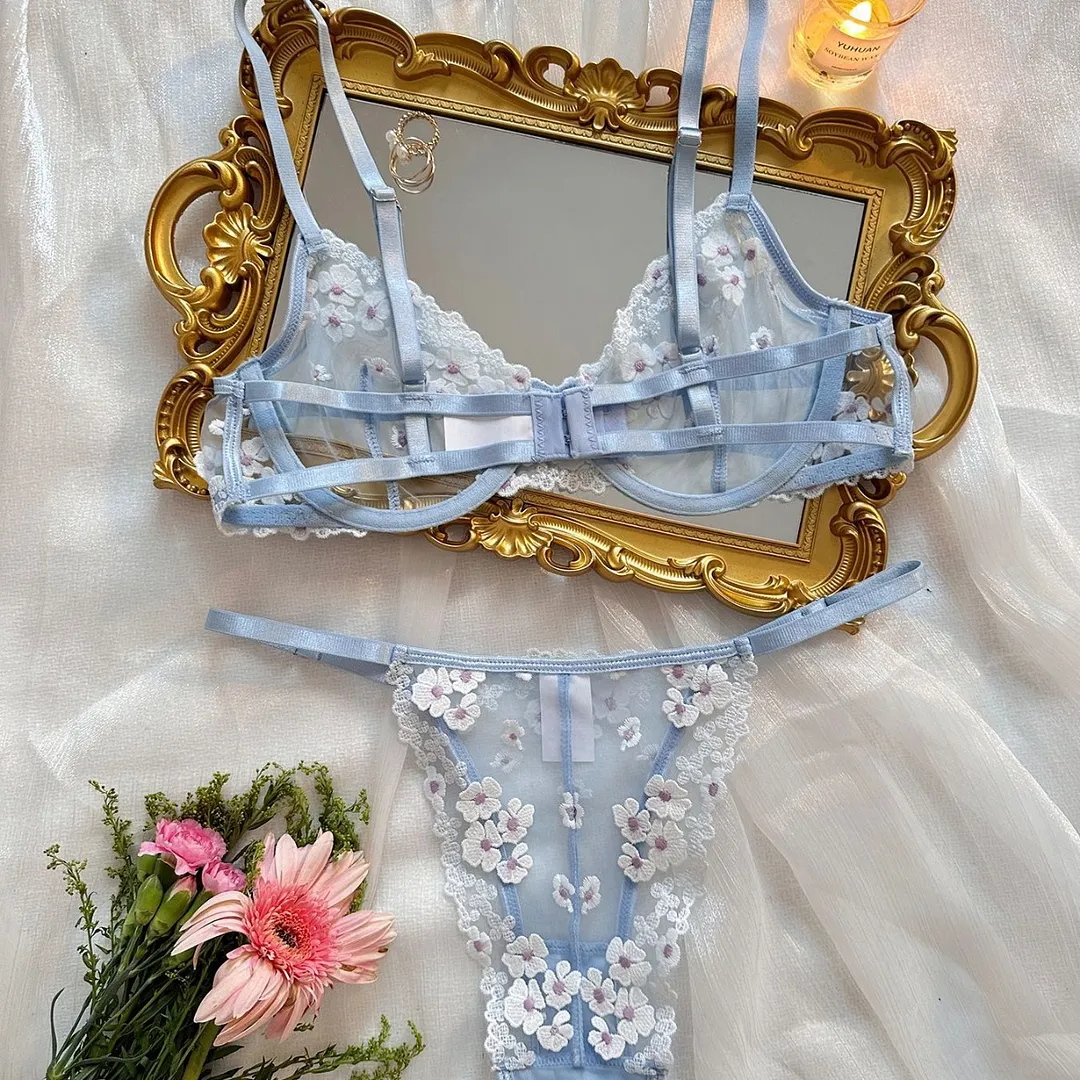 Sdrawing French Sweet Print Embroidery Mesh Perspective Comfort Set In Autumn 2025
