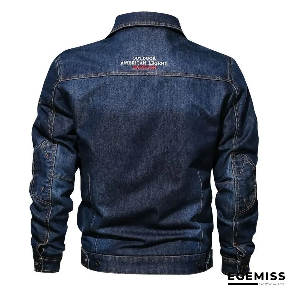 Denim Jacket Men's Lapel Embroidery Casual Mens  Jeans Jackets Multi-pocket Male Cowboy Coats | EGEMISS