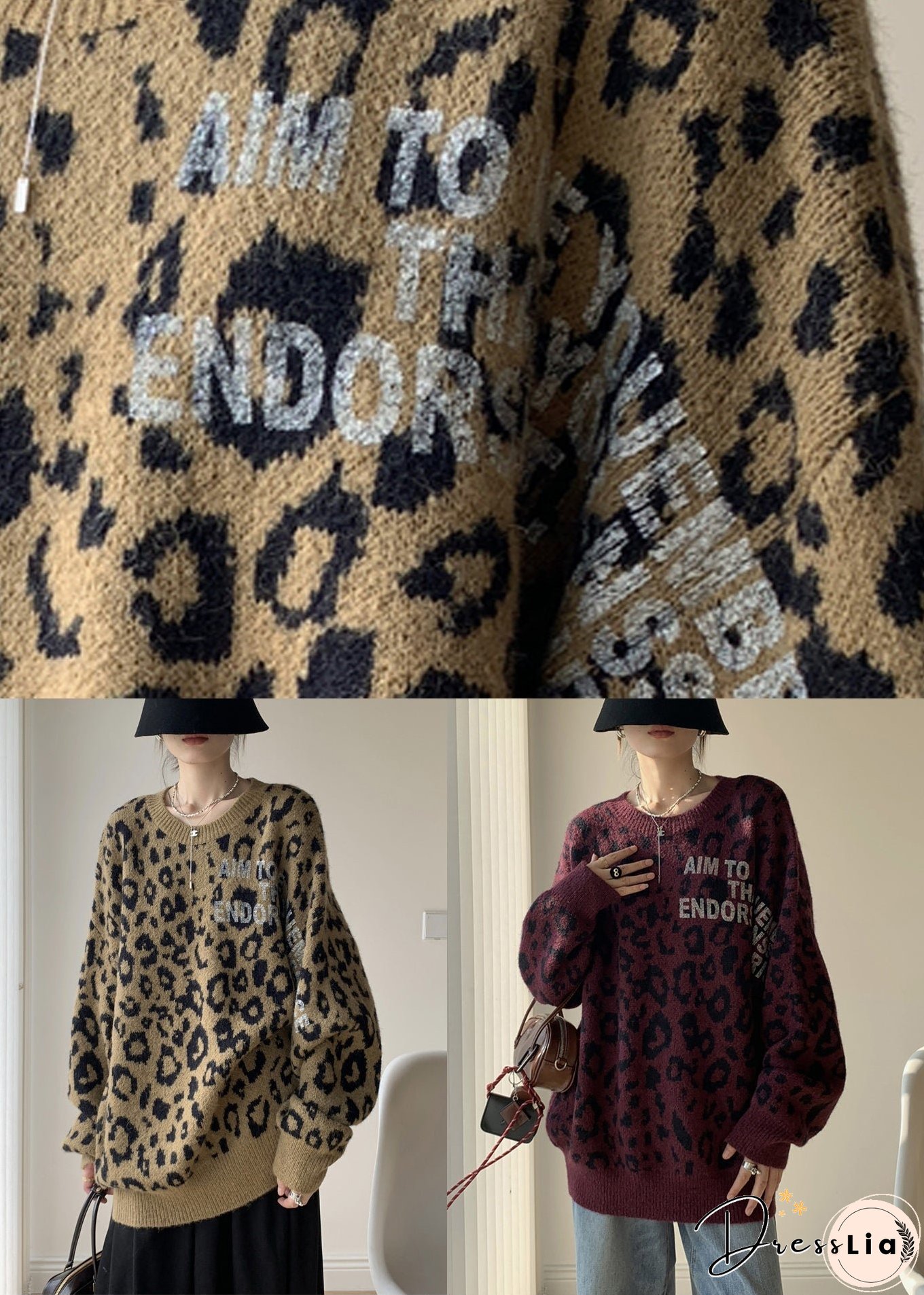 Women Khaki Leopard O Neck Cozy Knit Sweater Winter