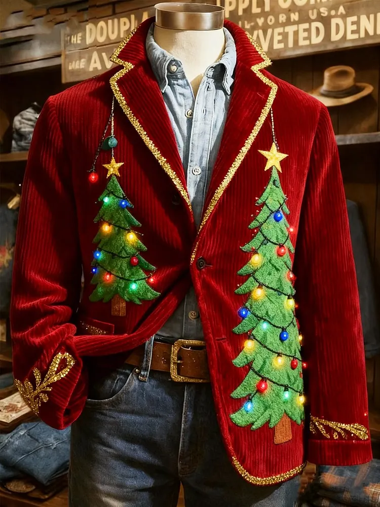 Men's Corduroy Christmas Evergreen Lapel Blazer 