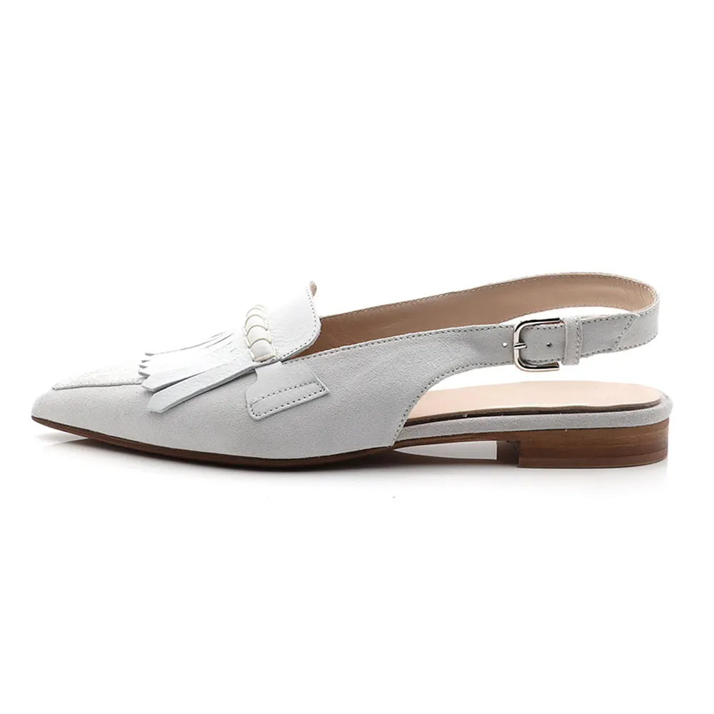White Fringed Trim Pointed Toe Flat Slingback Shoes with Buckle