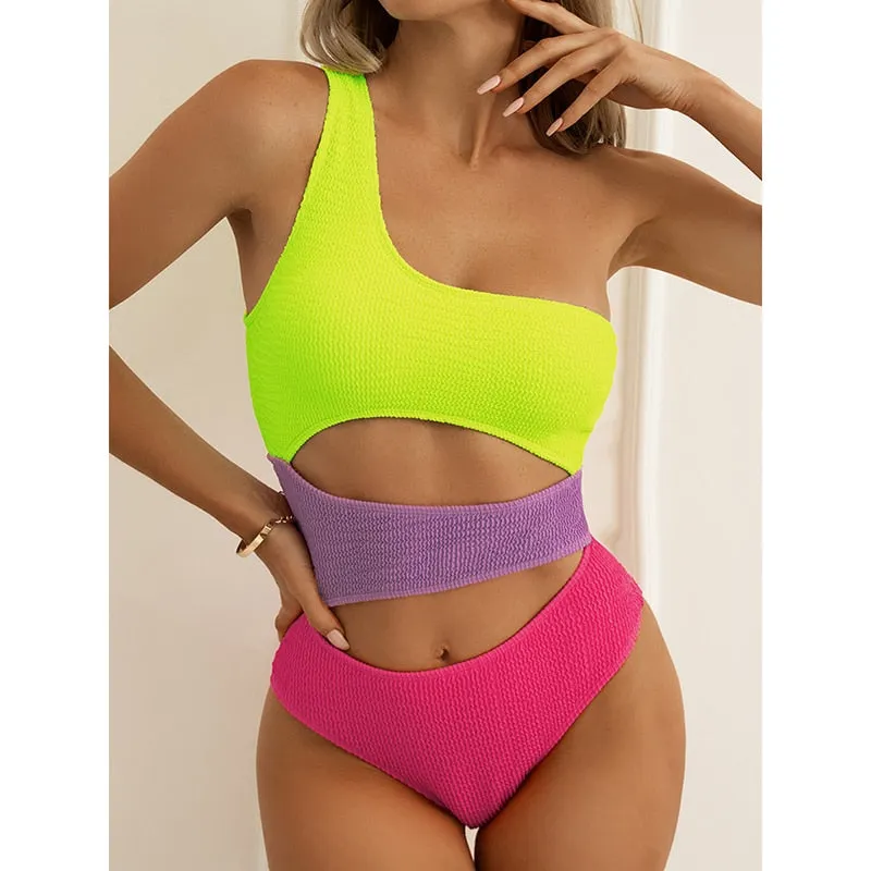 INGAGA One Shoulder Swimsuits One Piece Textured Swimwear Women 2022 Sexy Cut Out Monokini Solid Bodysuits High Cut Beachwear