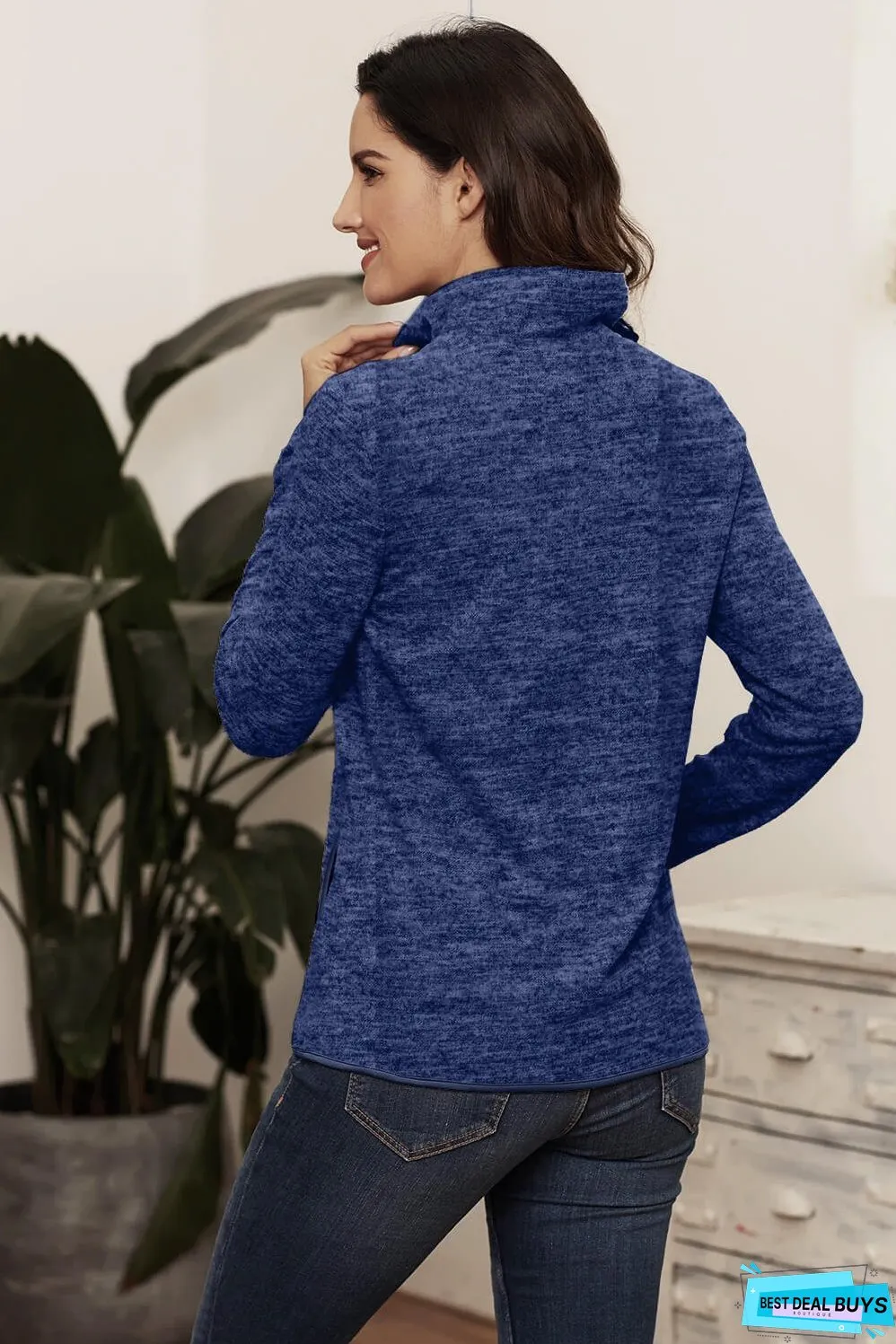 Casual Blue Quarter Zip Pullover Sweatshirt