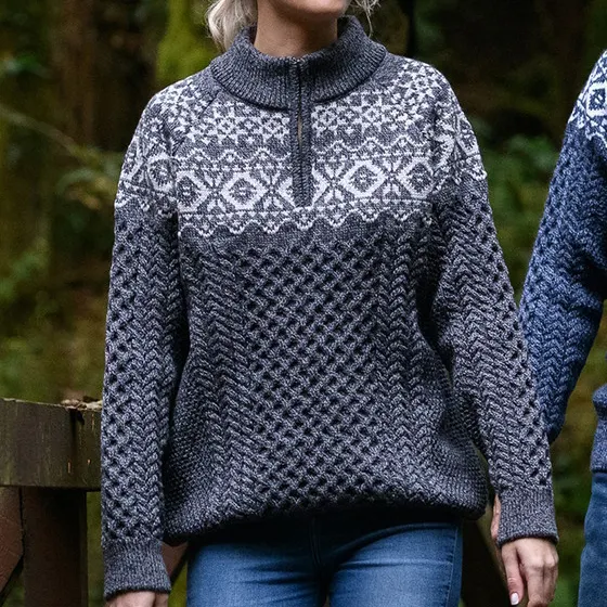Woman Aran Half-Zip Jacquard Sweater
