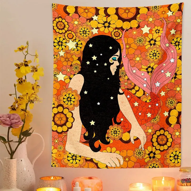 80S Retro Tapestry Wall Hanging Vintage Colorful Decor for Girls Dorm Decoration INS Trippy Tapestry Psychedelic Hippie Decor