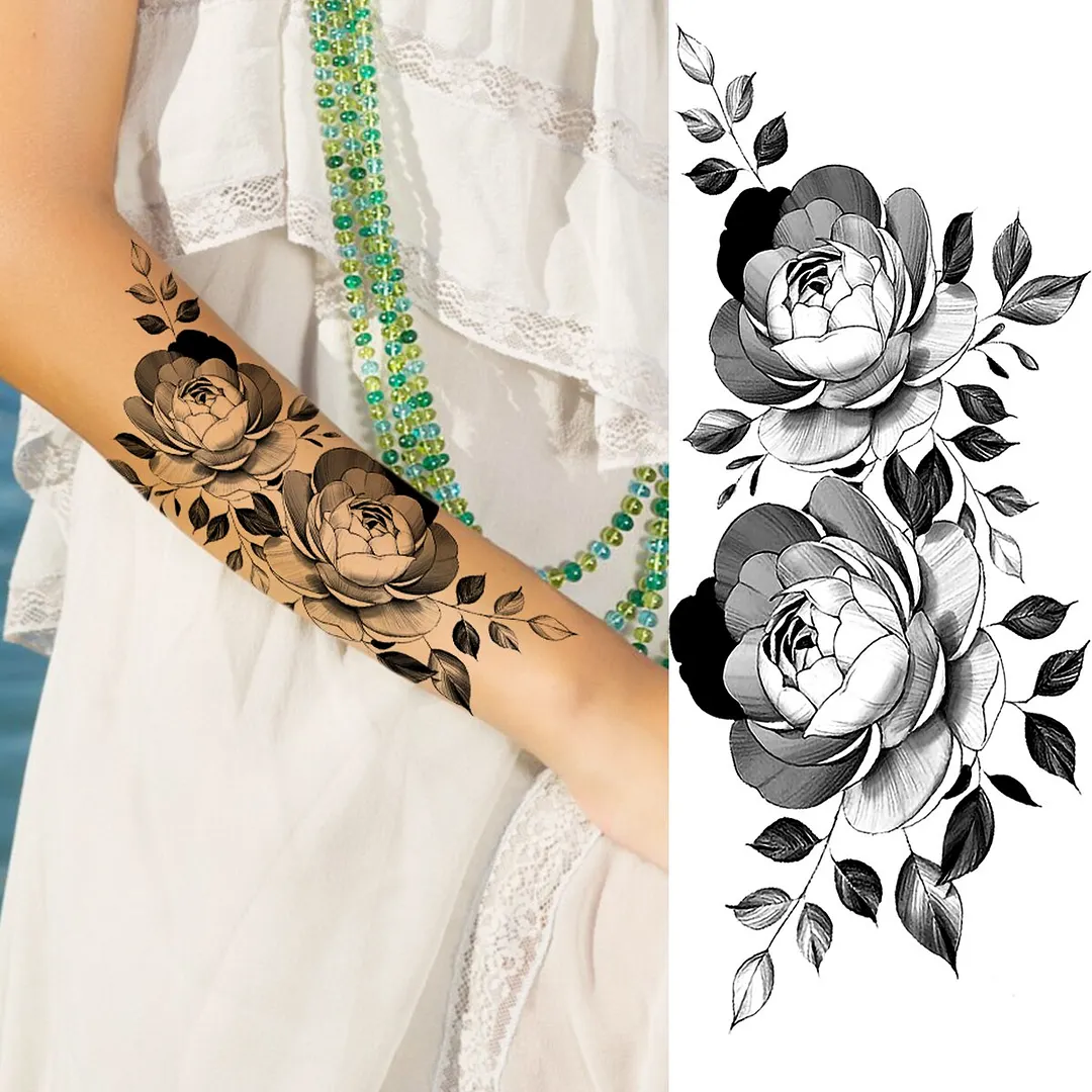 Black Rose Flower Snake Temporary Tattoos For Women Adult Peony Serpent Fake Tattoo Forearm Body Art Painting Waterproof Tatoos