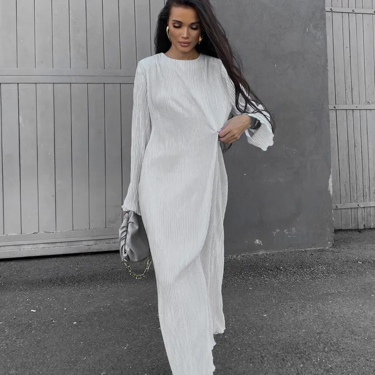 Churchf Churchf Women's New Dress Pleated Round Collar Long Sleeve Solid Color Loose Dress Show Thin And Casual