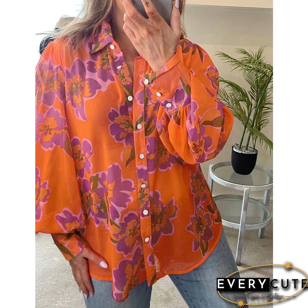 Orange Floral Chiffon Lantern Long Sleeve Blouse
