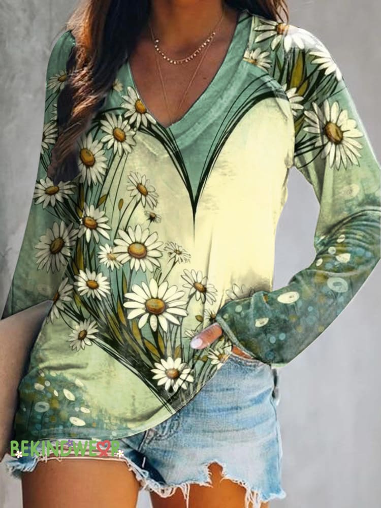 Daisy Love Print Casual V-Neck Long Sleeve Top Multicolor / S