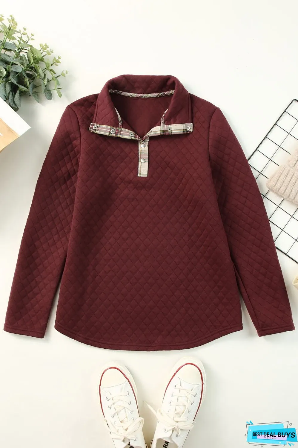 Geometric Texture Plaid Trim Sweatshirt