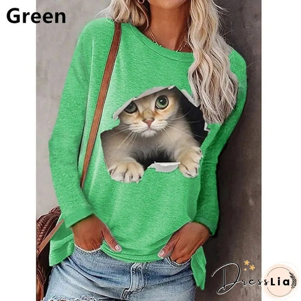 XS-5XL Plus Size Fashion Women Spring and Autumn Casual T-shirts Long Sleeve Hoodies Cute Cat Print Pullover Tops Round Neck Tops