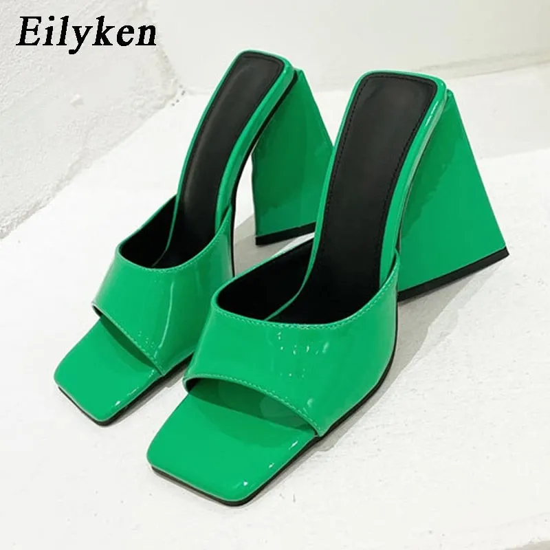 Eilyken Summer Orange Black Triangle Thick heel Slippers Sexy Street Woman Party Peep toe Dress shoes size 35-41