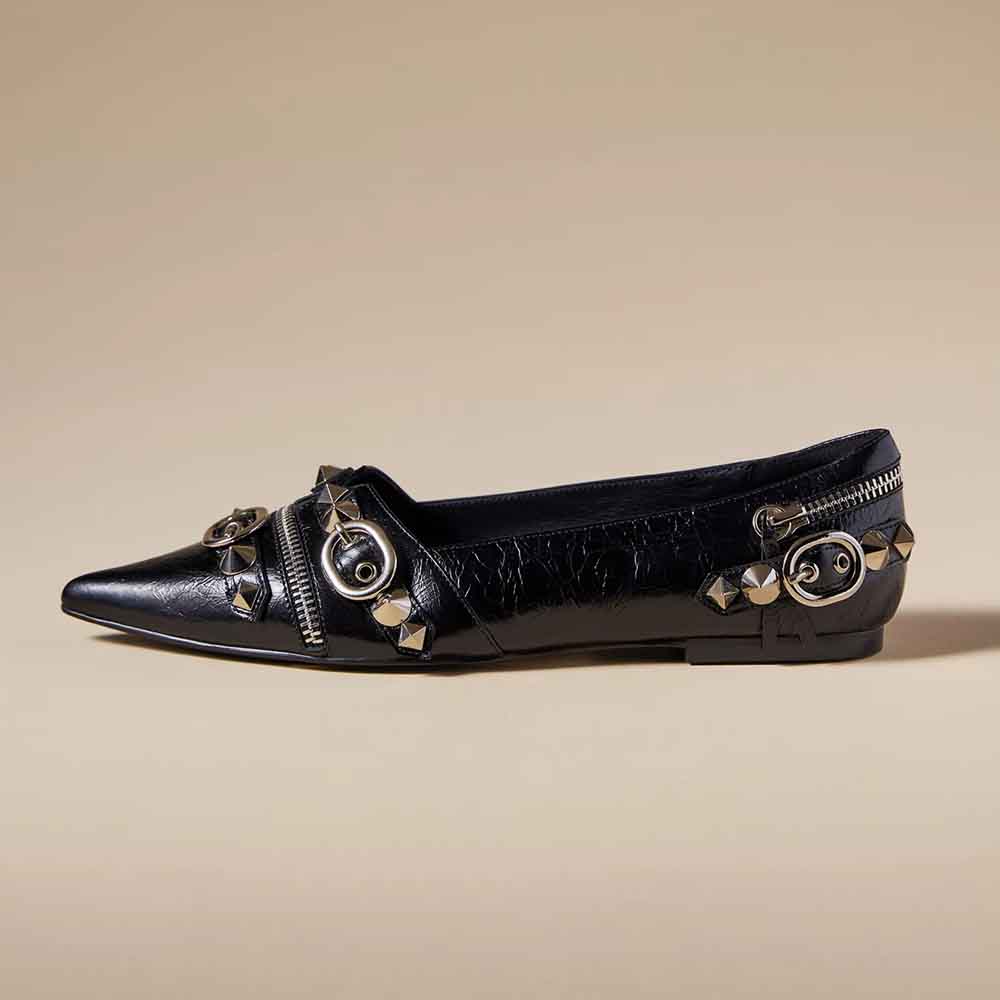 Women's Black Rivet Embellished Pointed Toe Flats with Buckle Nicepairs