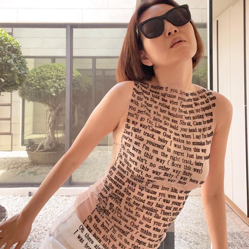 Churchf 2024Ins Spring And Summer New Fashion Print Collar Sleeveless Slim Top T-Shirt Women's Clothing