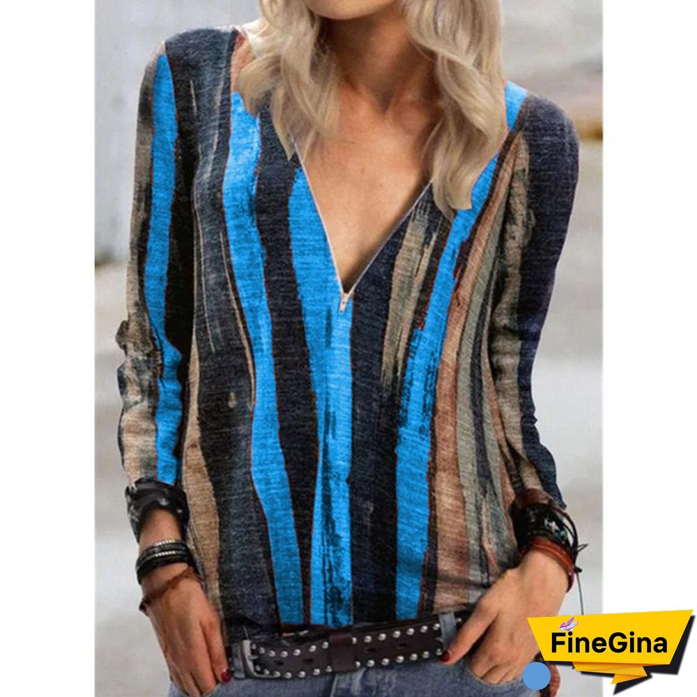 Women's Fashion Plus Size Loose Tops Stripes Printed Deep V-neck Blouse Long Sleeve T-shirt