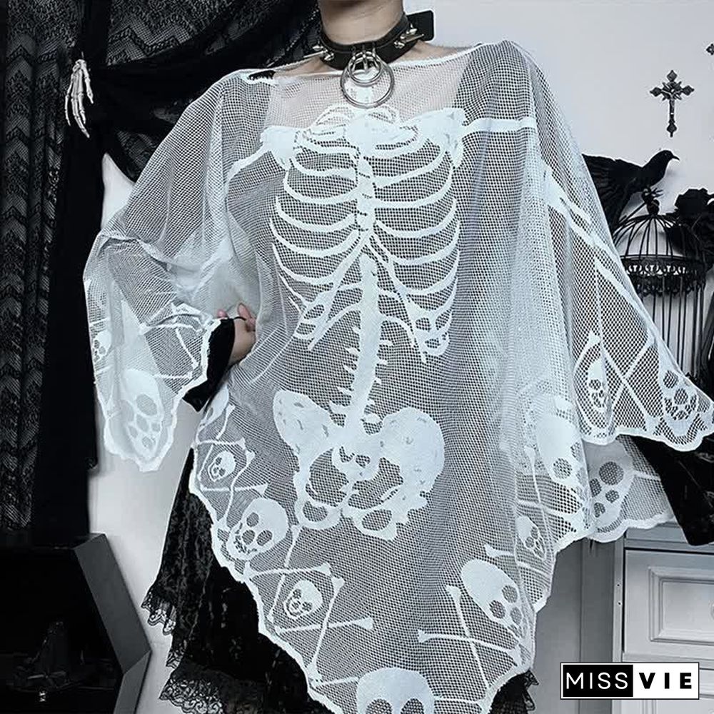 Halloween Gothic Skeleton Skull Print Lace Cloak