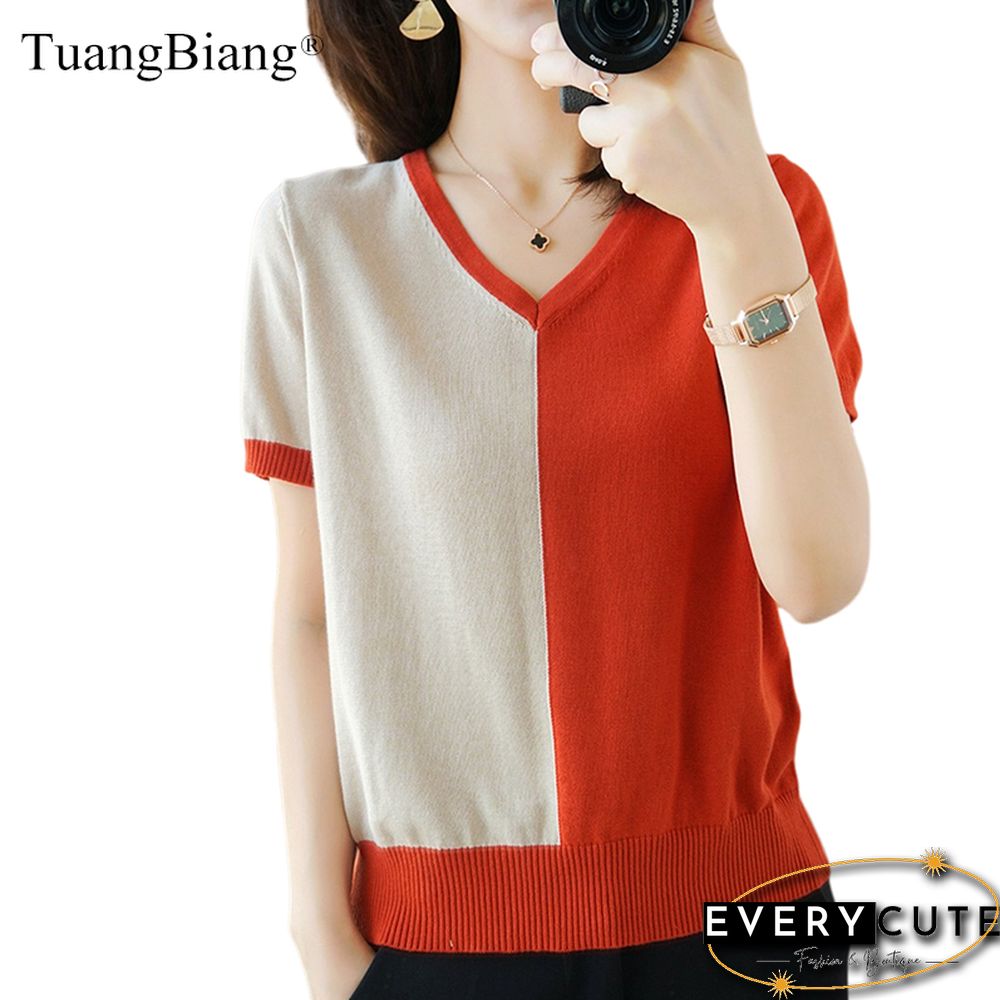 Female Two-Color Patchwork Knitted T-Shirt Mercerized Cotton Summer Women Short Sleeve Pullover Lady Loose Cool V-Neck Tops