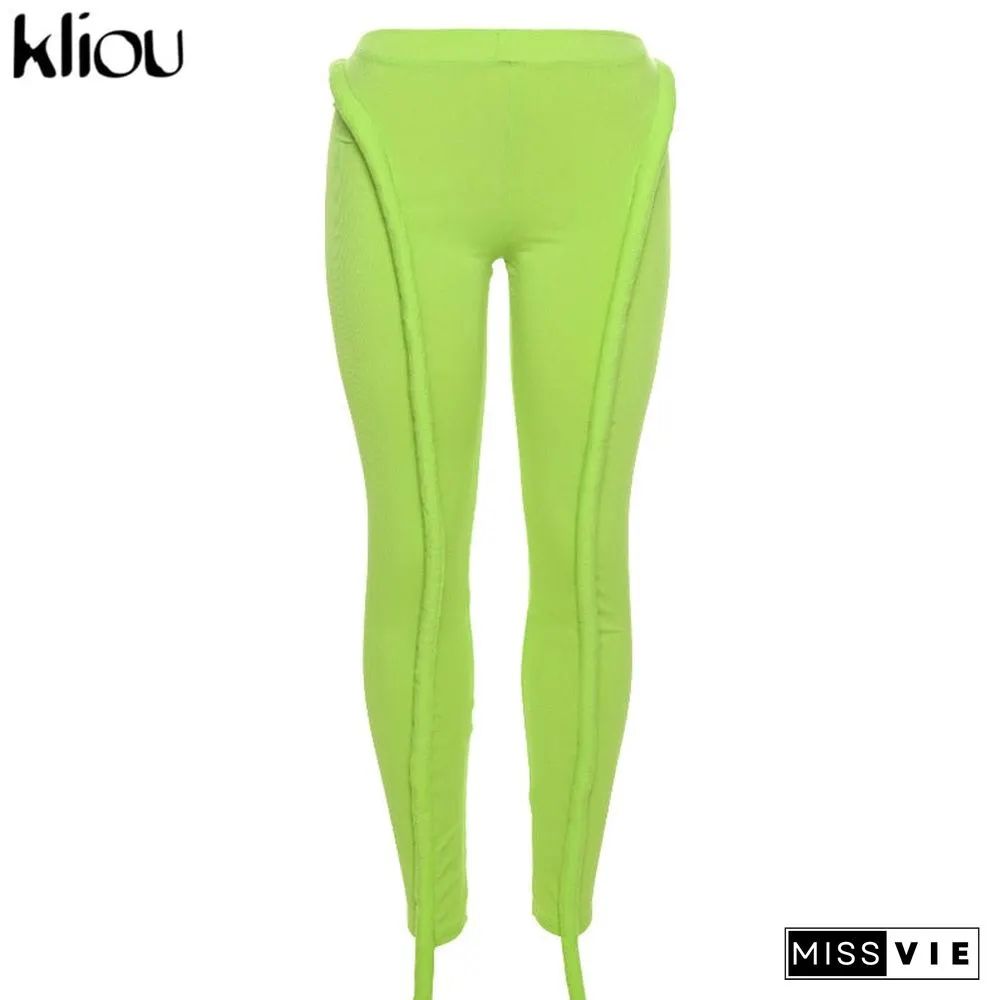 Kliou Solid Splicing Long Pants Women Summer Sexy Medium Waist Skinny Hipster Punk Street Midnight Style Streetwear Trousers