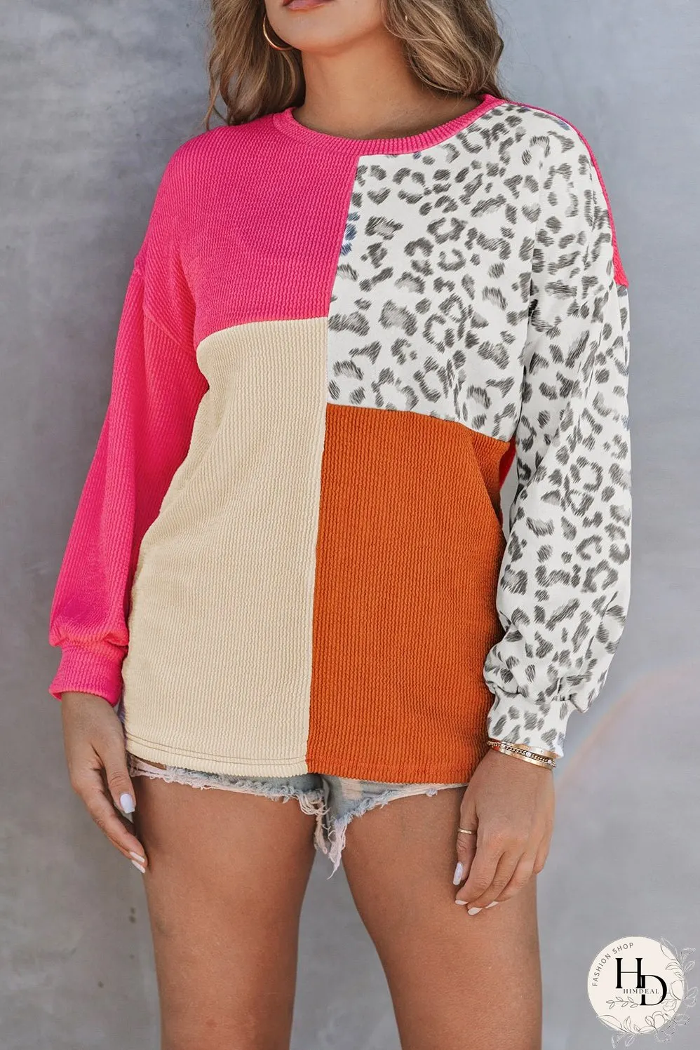 Pink Leopard Patchwork Color Block Ribbed Top