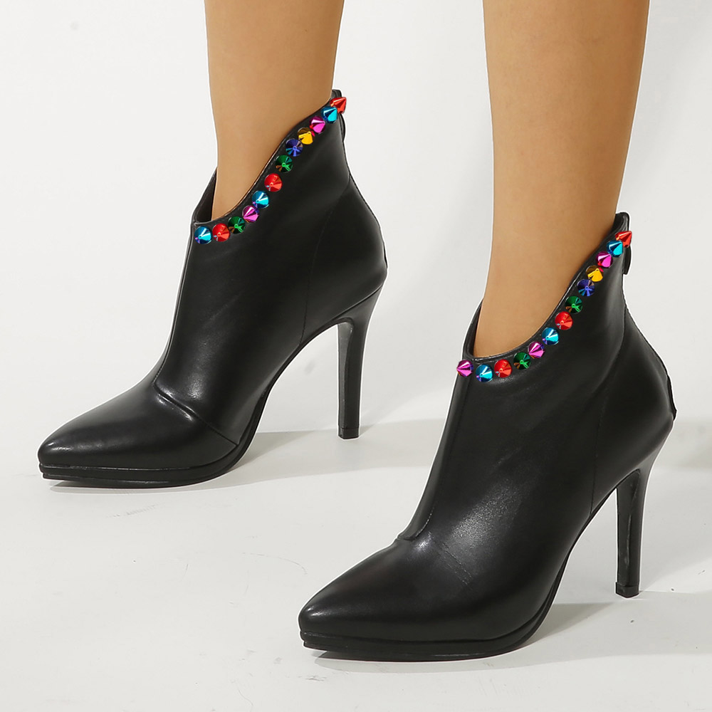 Black Pointed Toe Stiletto Heel Low Cut Ankle Boots with Rivets Nicepairs