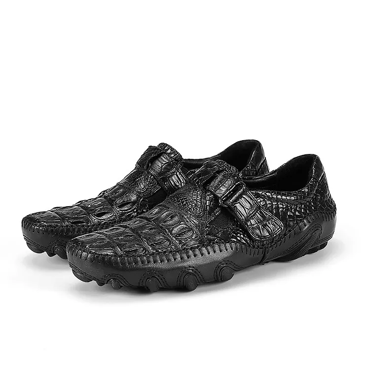 Men's Comfort Crocodile Back Skin Leather Driving Shoes | Rubber Pebble Sole Slip-On Moccasins