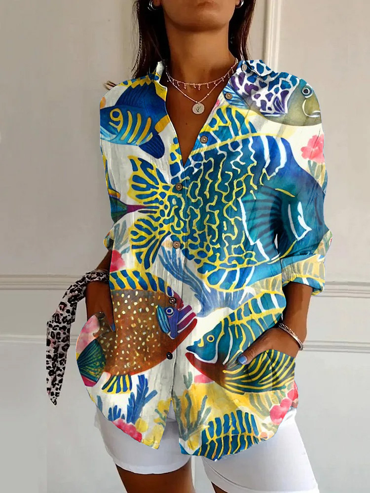 Vintage Coral Reef Fish Art Print Long Sleeve Shirt