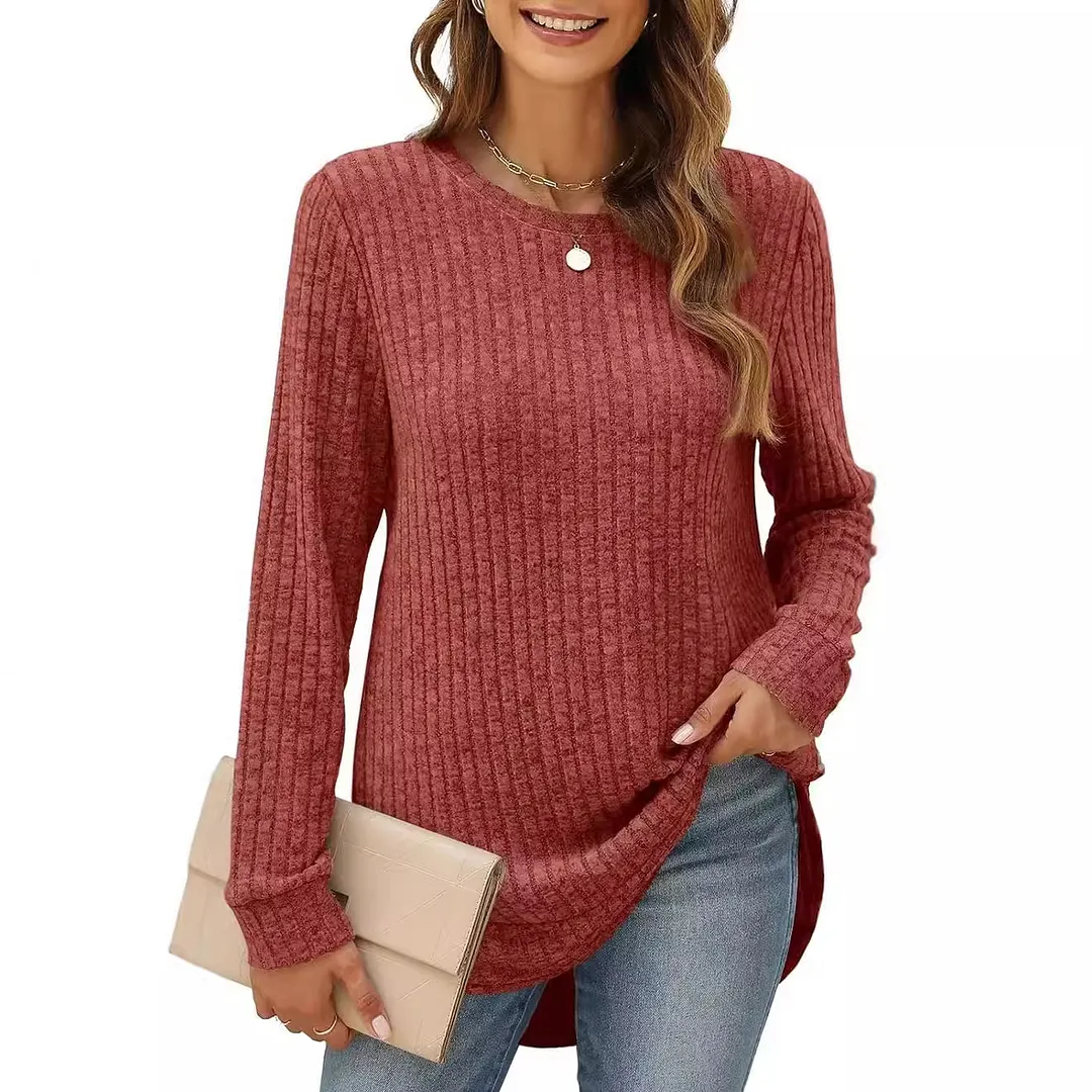 Churchf Churchf And Winter 2024 New Square Collar Pit Strip Solid Color Long-Sleeved Loose T-Shirt Top