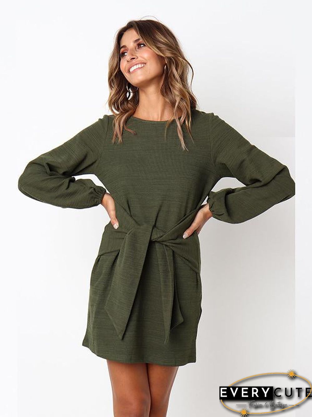 Long Sleeves Round Neck Waist Wrap Mini Dress