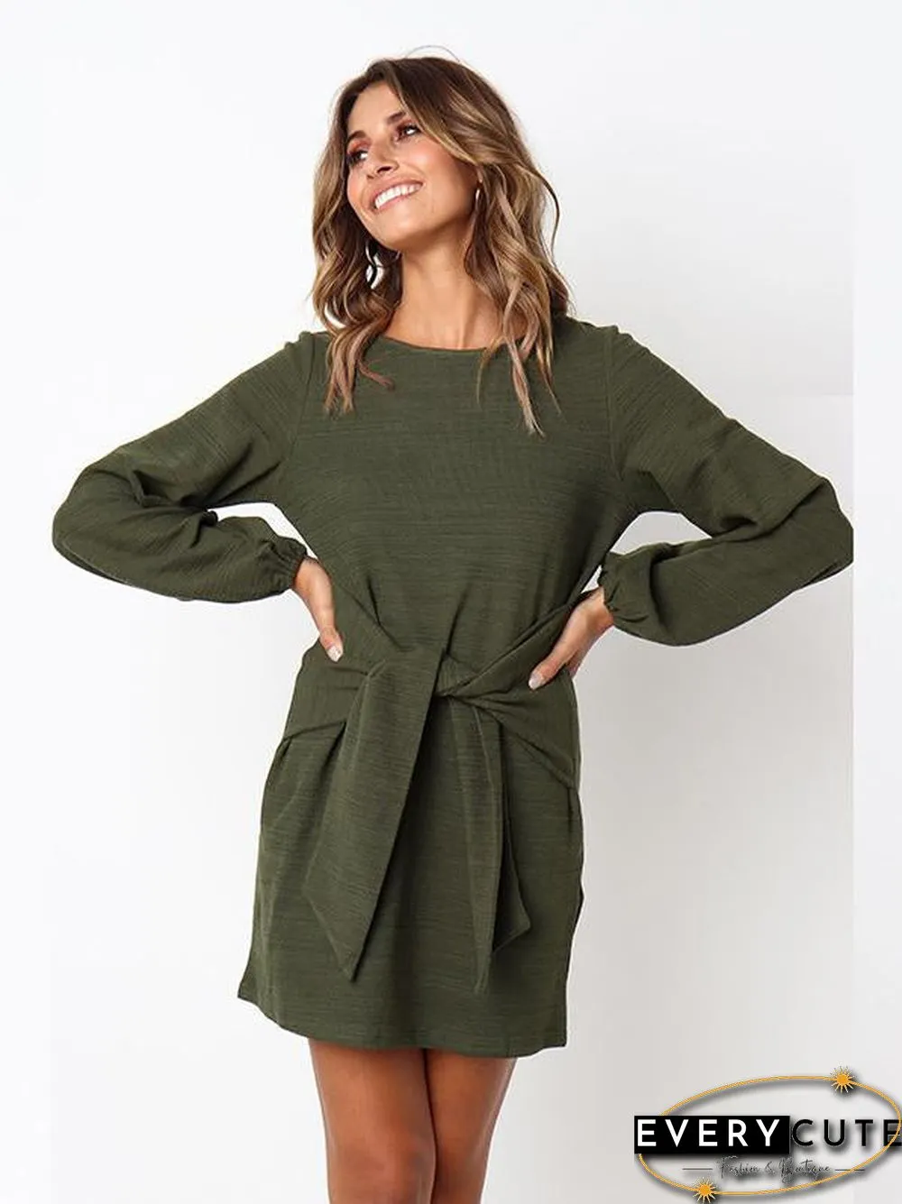 Long Sleeves Round Neck Waist Wrap Mini Dress