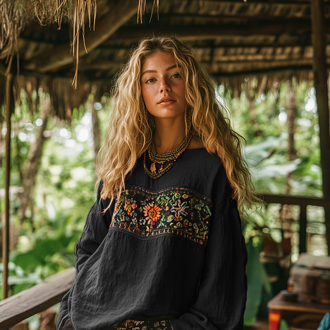 Retro Bohemian Art Embroidery Print Cotton And Linen Blend Loose Blouse elevenforest
