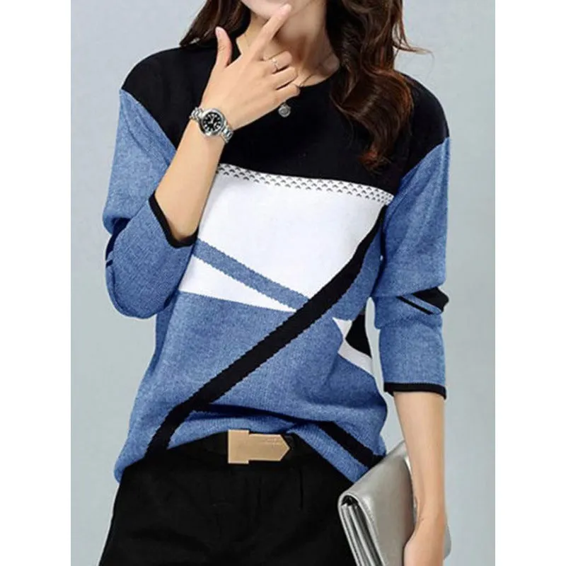 Brownm Loose Color Printed Round Neck Long Sleeve T-shirt