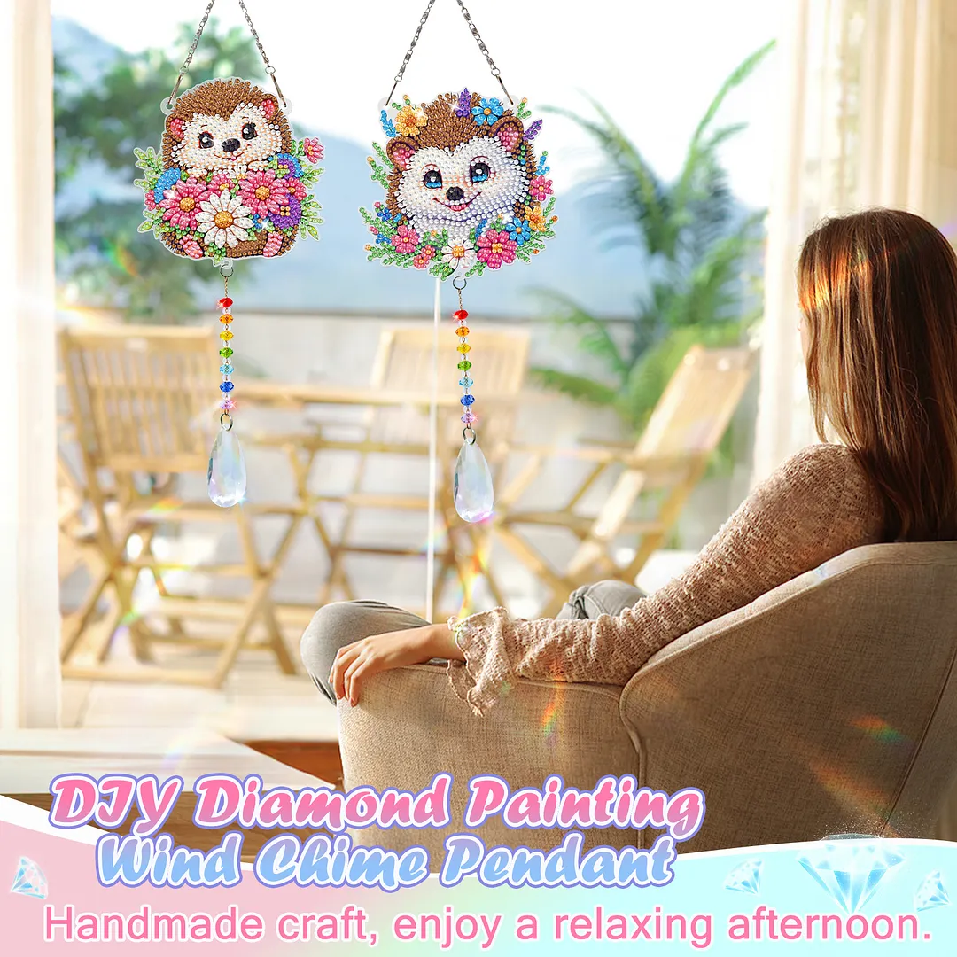 2Pcs Hedgehog DIY Double-Sided Diamond Painting Hanging Kits Diamond Painting Suncatcher Craft Kit for Home Garden Wall Decor Gift