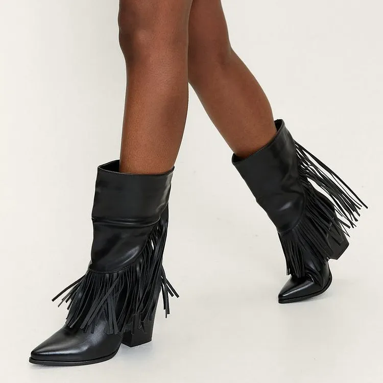 Black Tassel Chunky Heel Mid Calf Boots Vdcoo