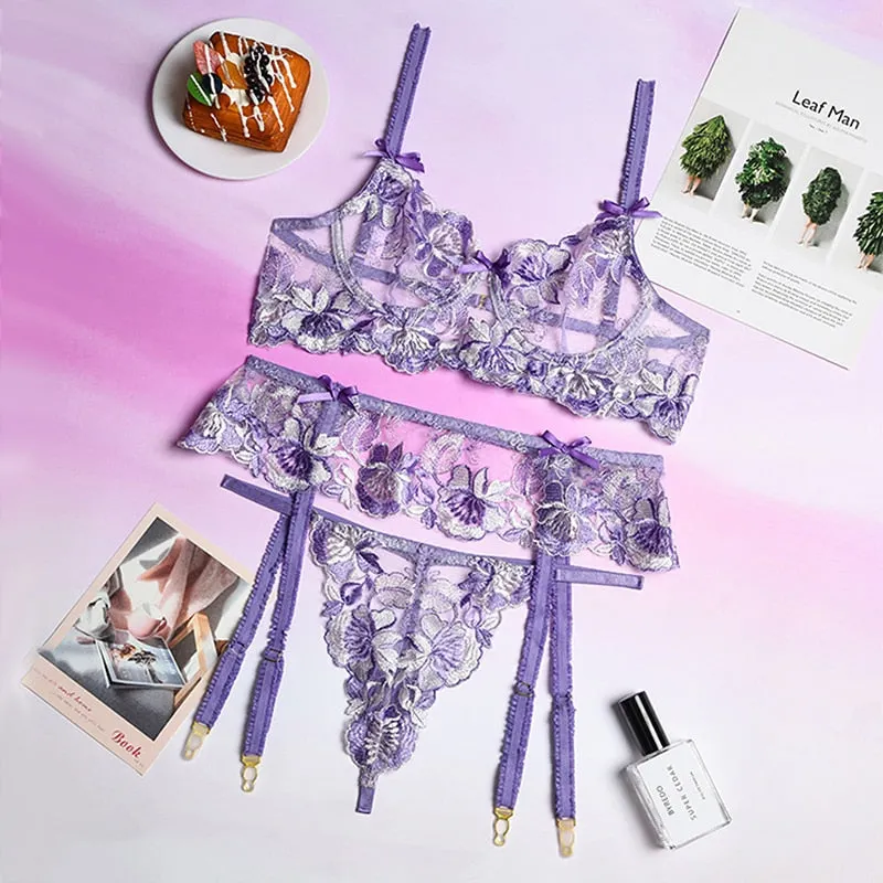 Women Transparent Lingerie See Through Erotic Bra and Panty Set Sexy Embroidery Garters Thong Set Thin Lace Secret Underwear
