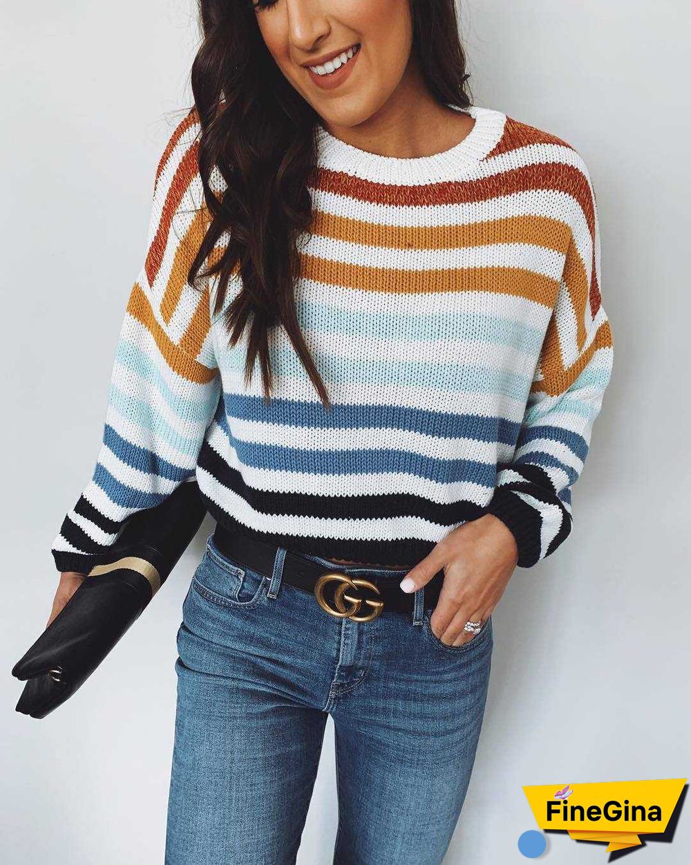 Blocked Colorful Stripes Cropped Turtleneck Sweater Long Sleeve