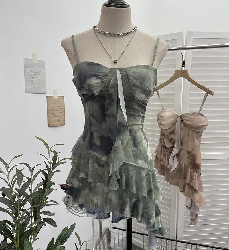 Churchf Real Shooting 2025 Spring And Summer New With Chest Cushions Dyed Mesh Sling Sling Vest Irregular Lotus Leaf Side Top 1139