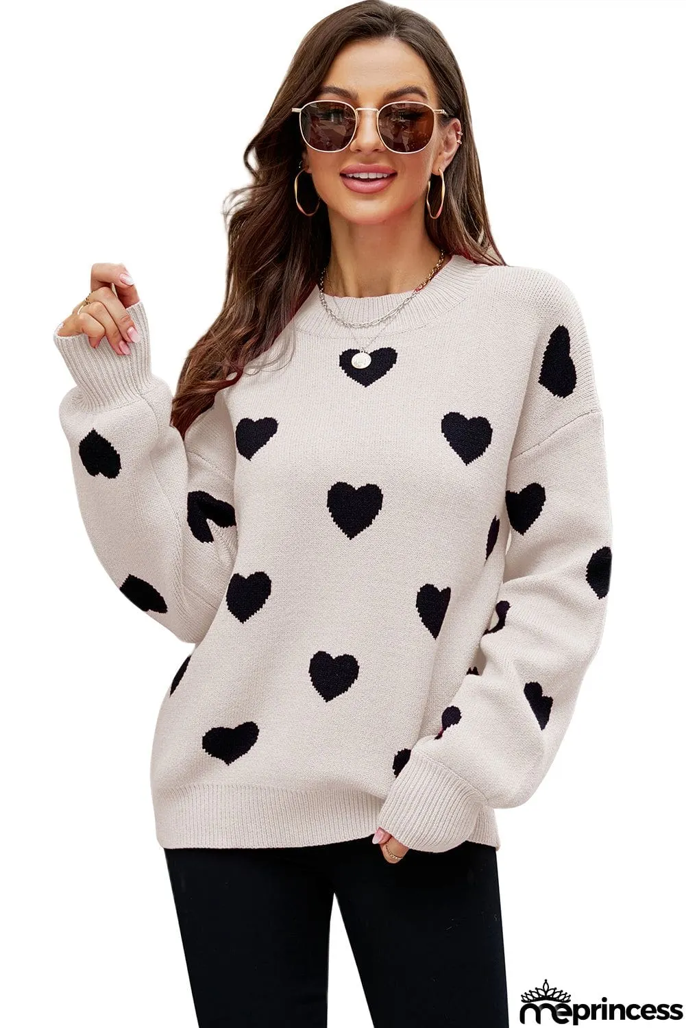 Heart Pattern Ribbed Trim Knit Sweater