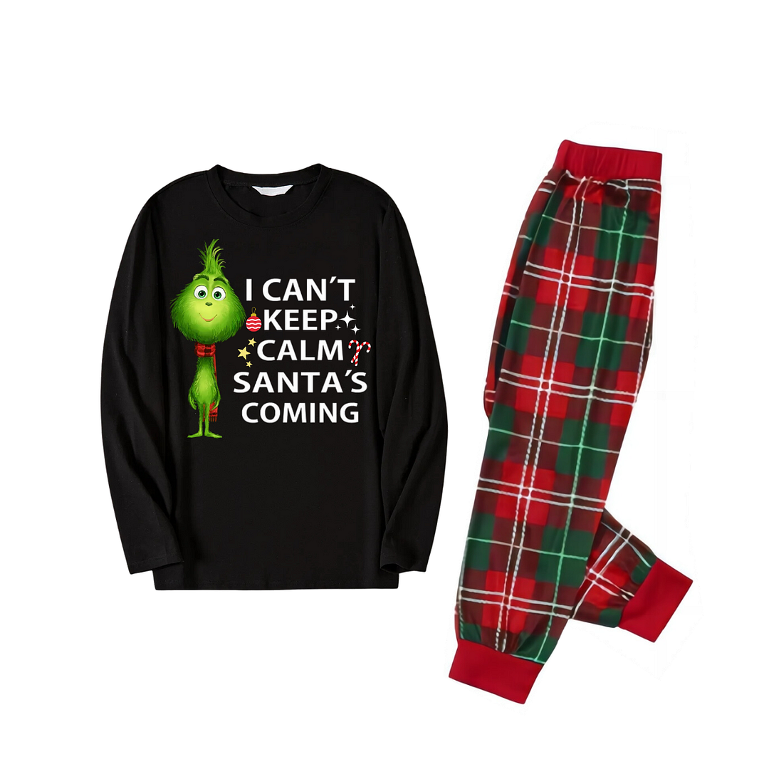 Cartoon Pattern and Christmas Slogan Printed Red and Green Plaid Family Matching Pajamas