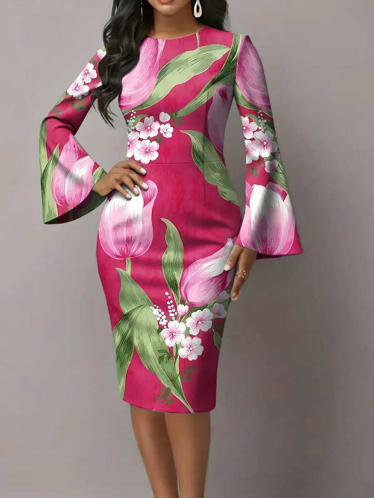 Women's Colorful Floral Art Print Flared Sleeves Midi Bodycon Dresses
