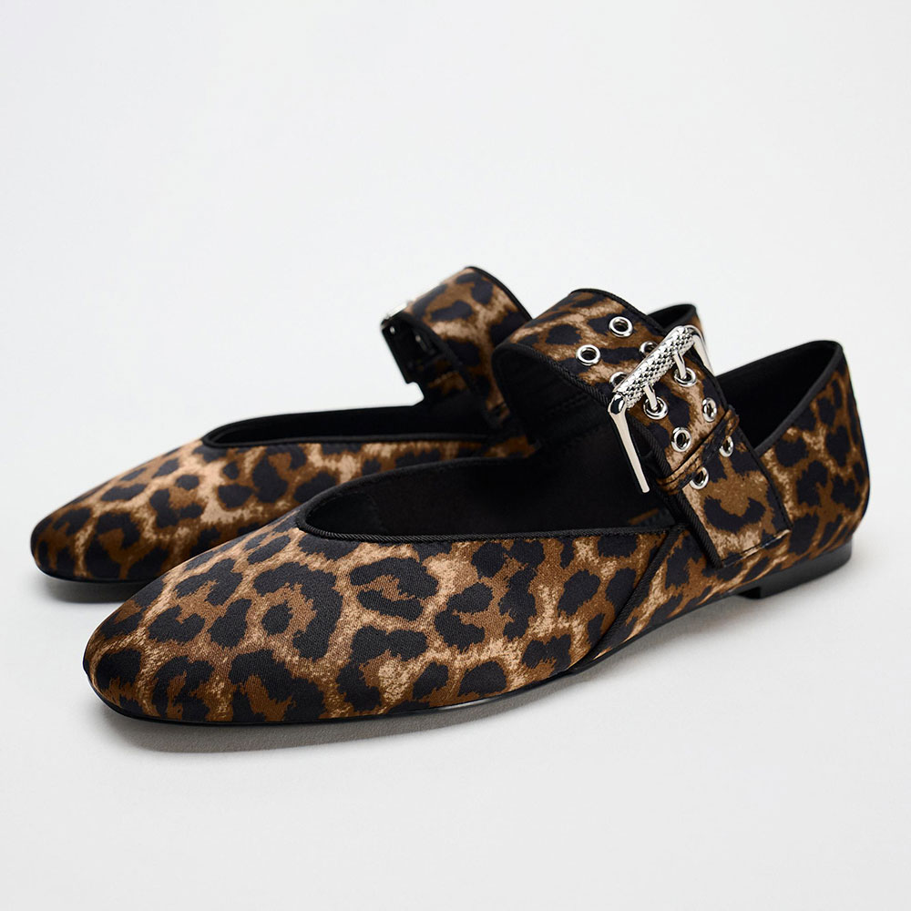 Leopard Printed Round Toe Ballet Flat Shoes with Buckled Strap Nicepairs