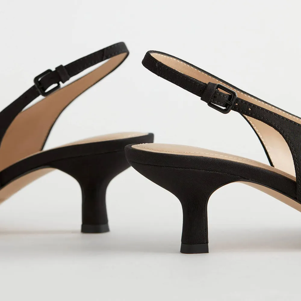 Black Fabric Slingback Kitten Heel Pointed Buckle Pumps Shoes