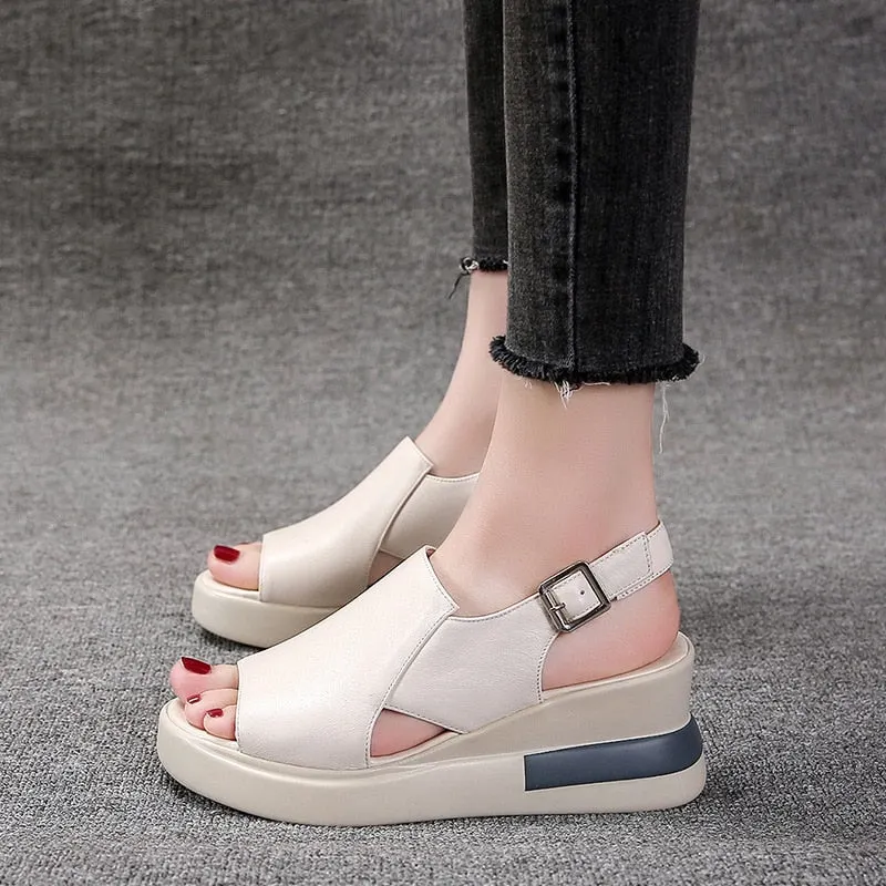 Slope Heel Slippers Female Summer New Style Female Summer Fashion Thick-soled Sandals Leather Slope High-heeled Sandals